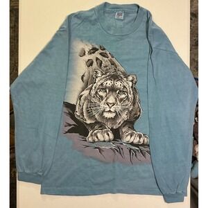 VTG USA Made 90s Anvil Long Sleeve T Shirt XL Snow Leopard Blue Colorblock